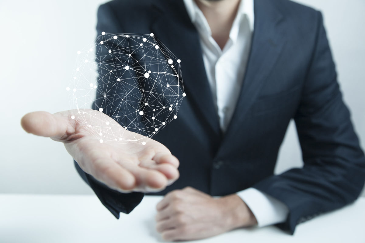 A business professional holding a glowing global network